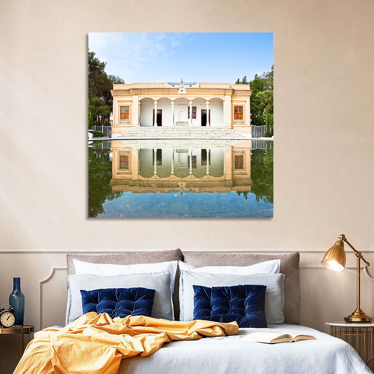 Yazd Fire Temple Reflection Wall Art in a room, landscape
