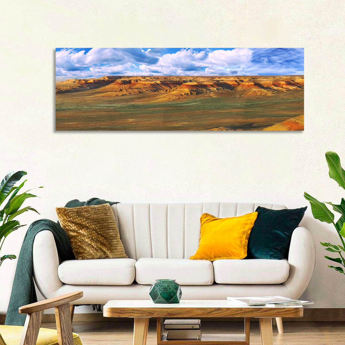 Ustyurt Plateau Cliffs Wall Art in a room, panoramic
