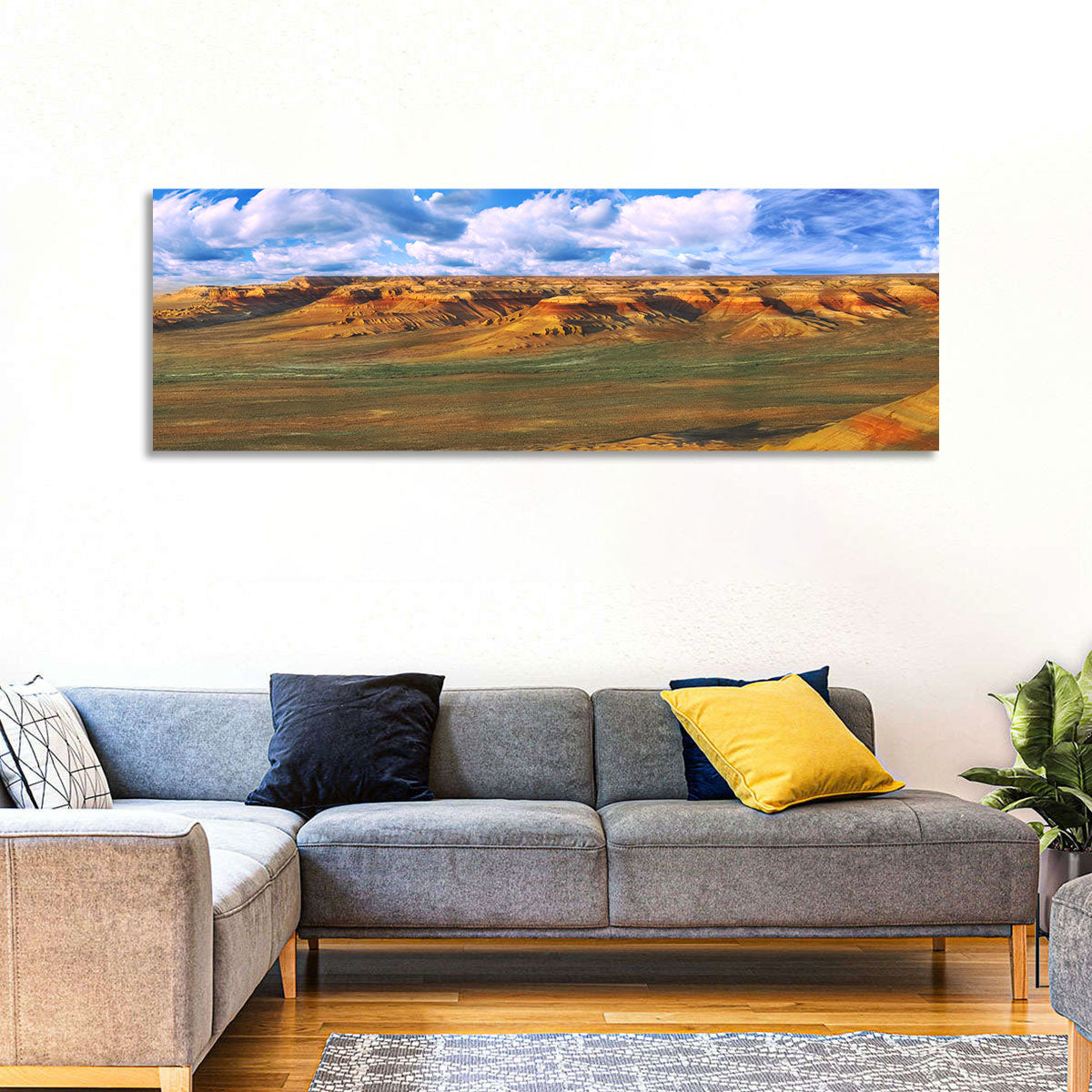 Ustyurt Plateau Cliffs Wall Art in a room, panoramic