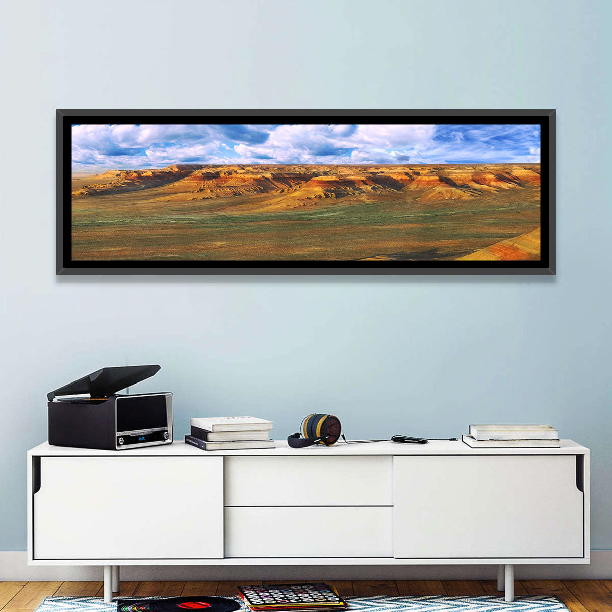 Ustyurt Plateau Cliffs Wall Art in a room, panoramic
