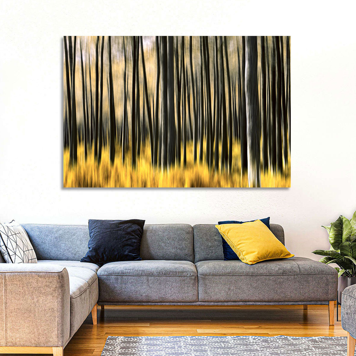 Golden Abstract Forest Wall Art in a room, landscape