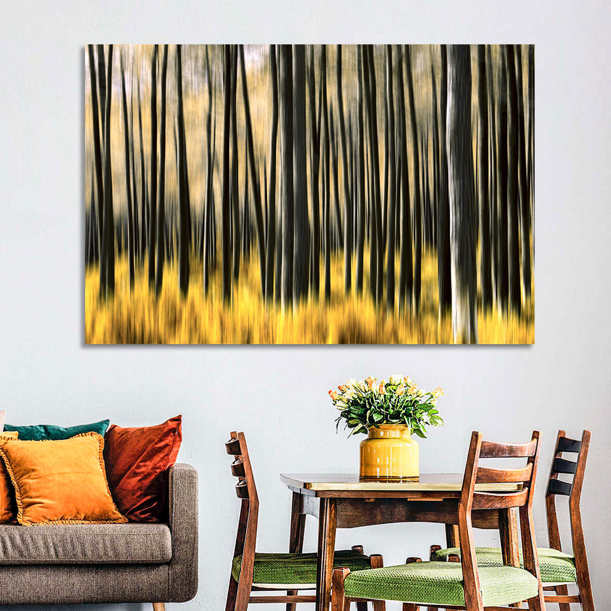 Golden Abstract Forest Wall Art in a room, landscape