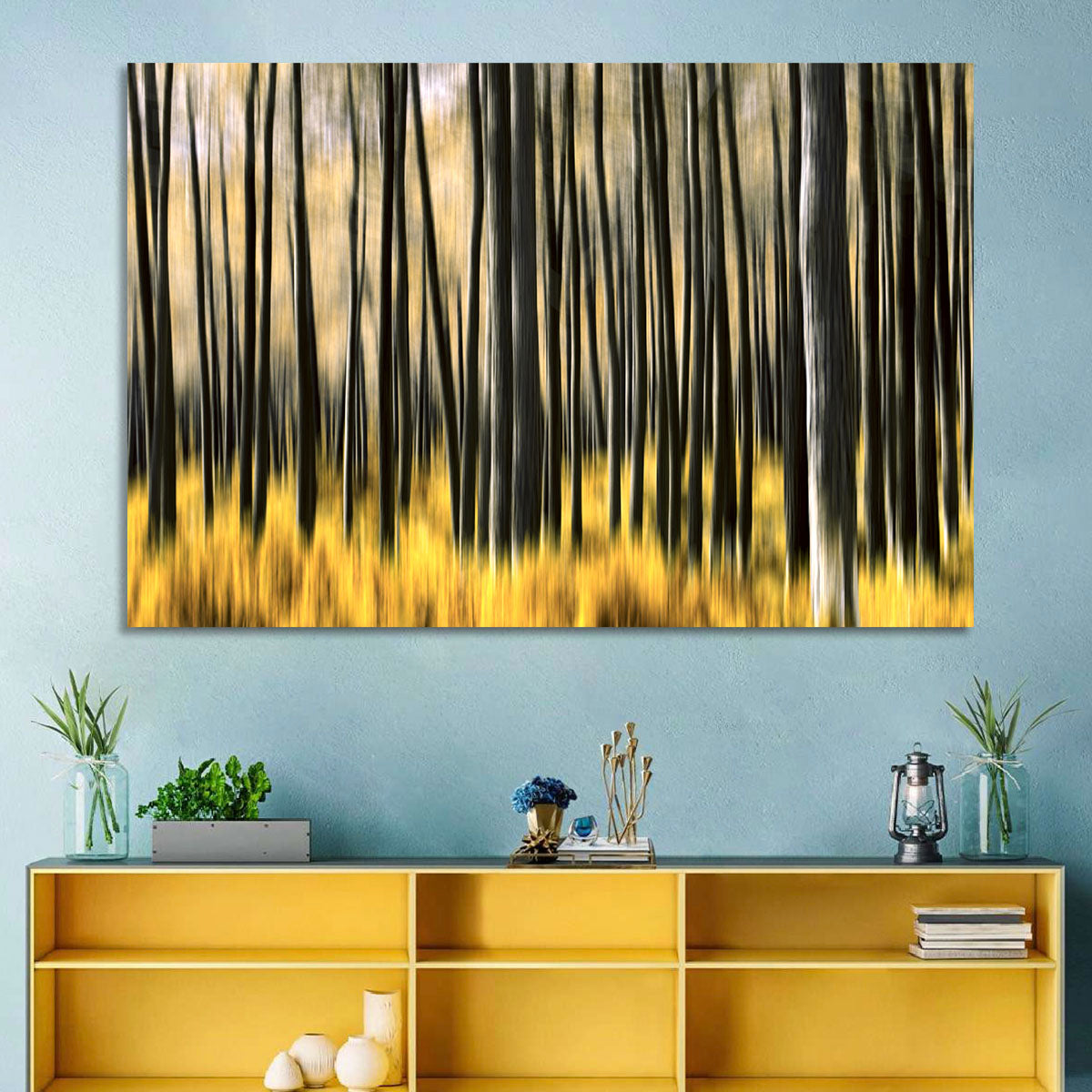 Golden Abstract Forest Wall Art in a room, landscape