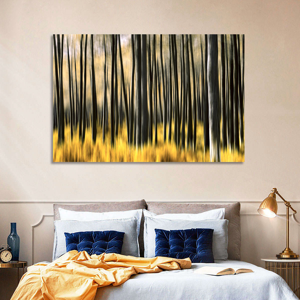 Golden Abstract Forest Wall Art in a room, landscape