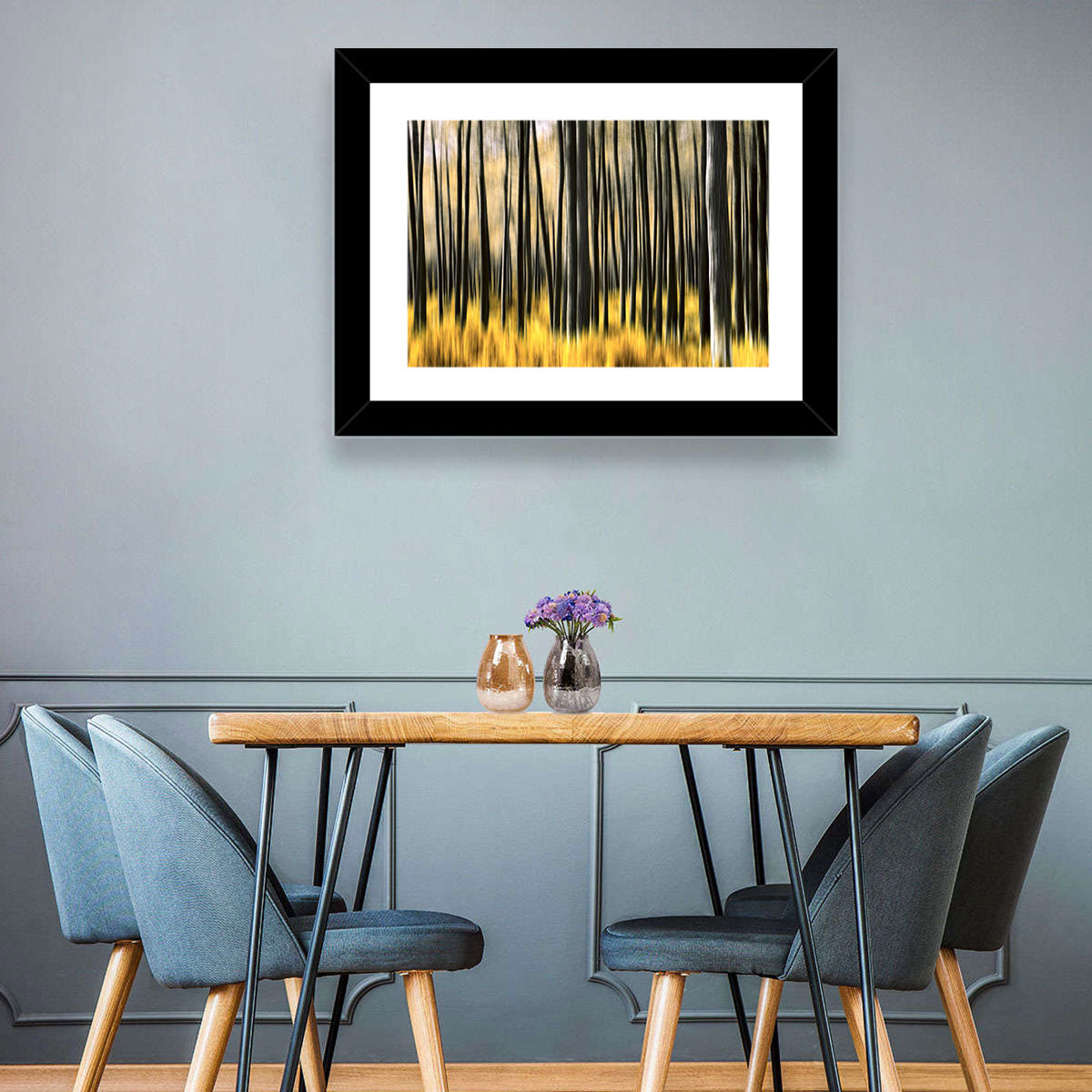 Golden Abstract Forest Wall Art in a room, landscape