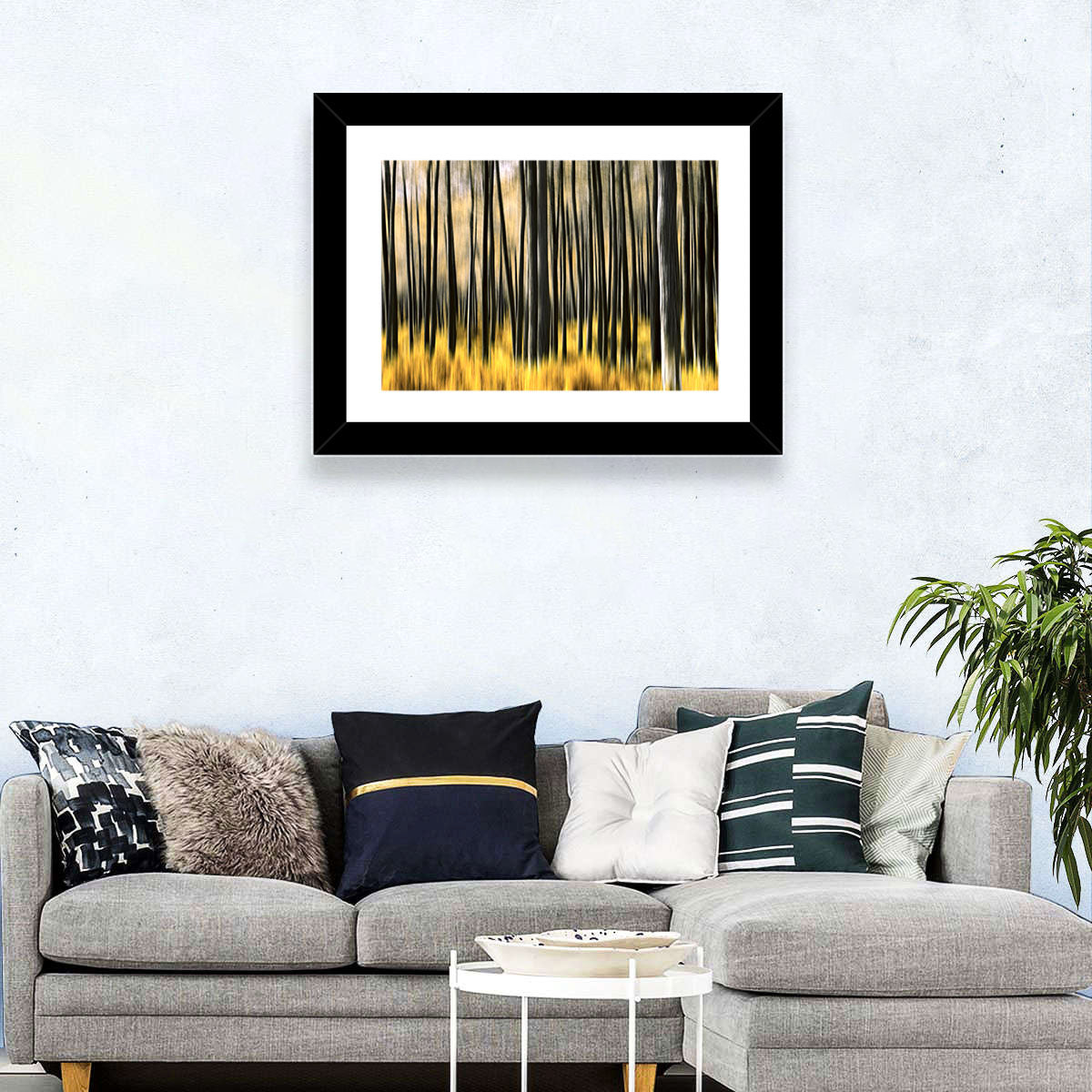 Golden Abstract Forest Wall Art in a room, landscape