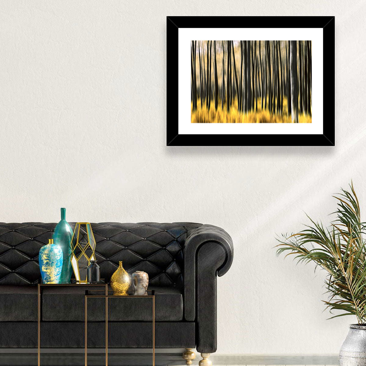 Golden Abstract Forest Wall Art in a room, landscape