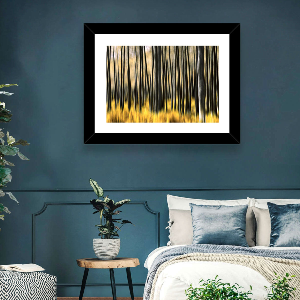 Golden Abstract Forest Wall Art in a room, landscape