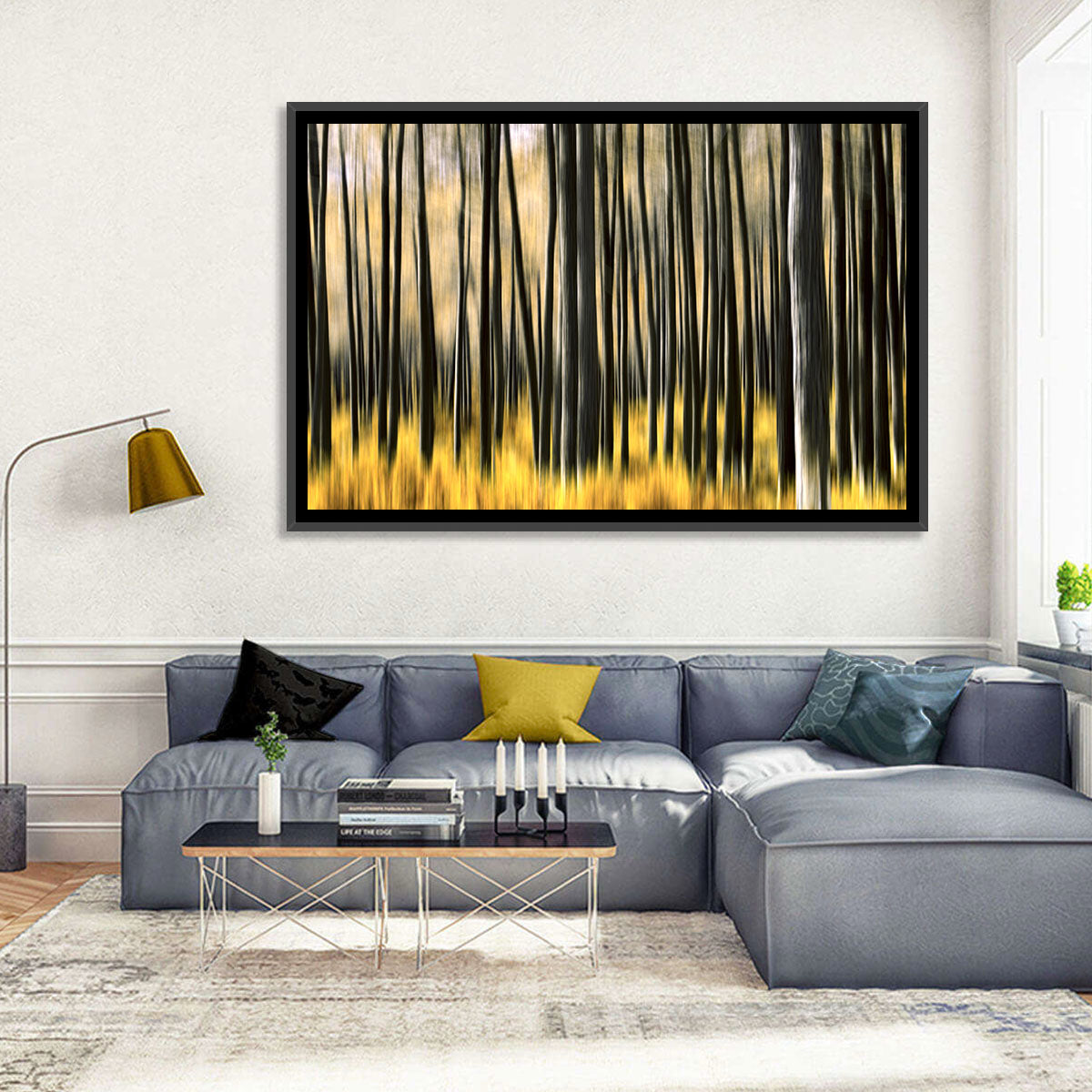 Golden Abstract Forest Wall Art in a room, landscape