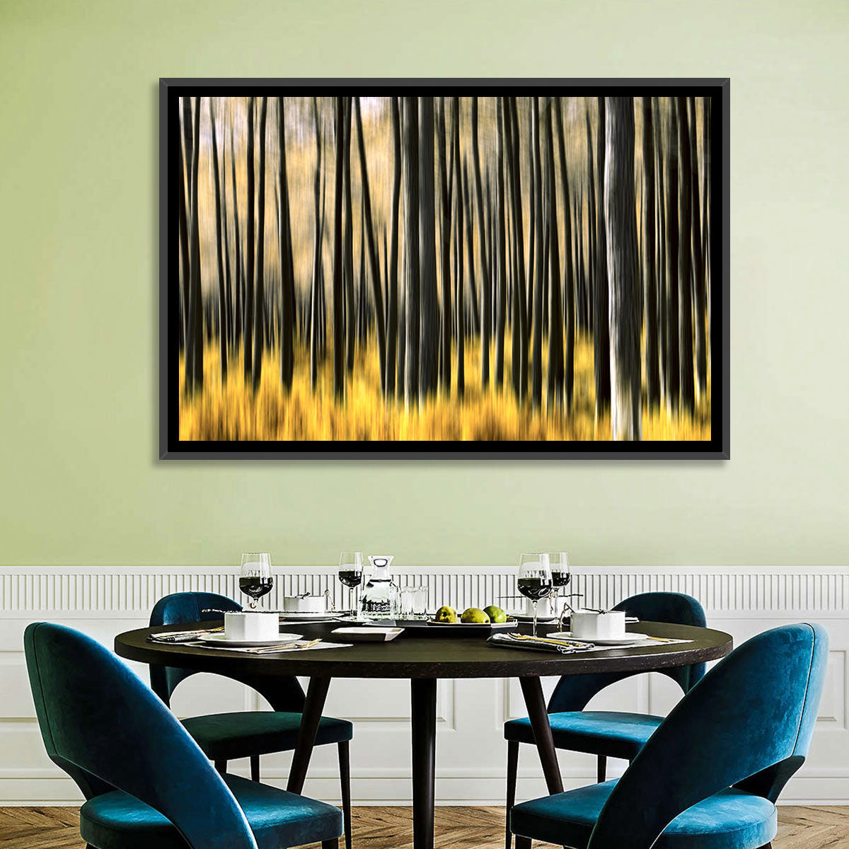 Golden Abstract Forest Wall Art in a room, landscape