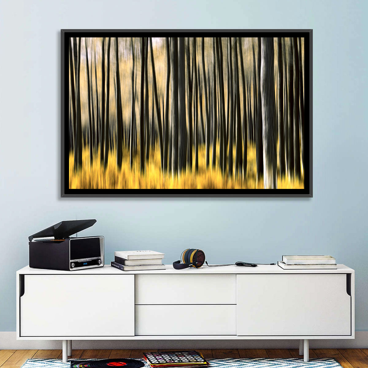 Golden Abstract Forest Wall Art in a room, landscape