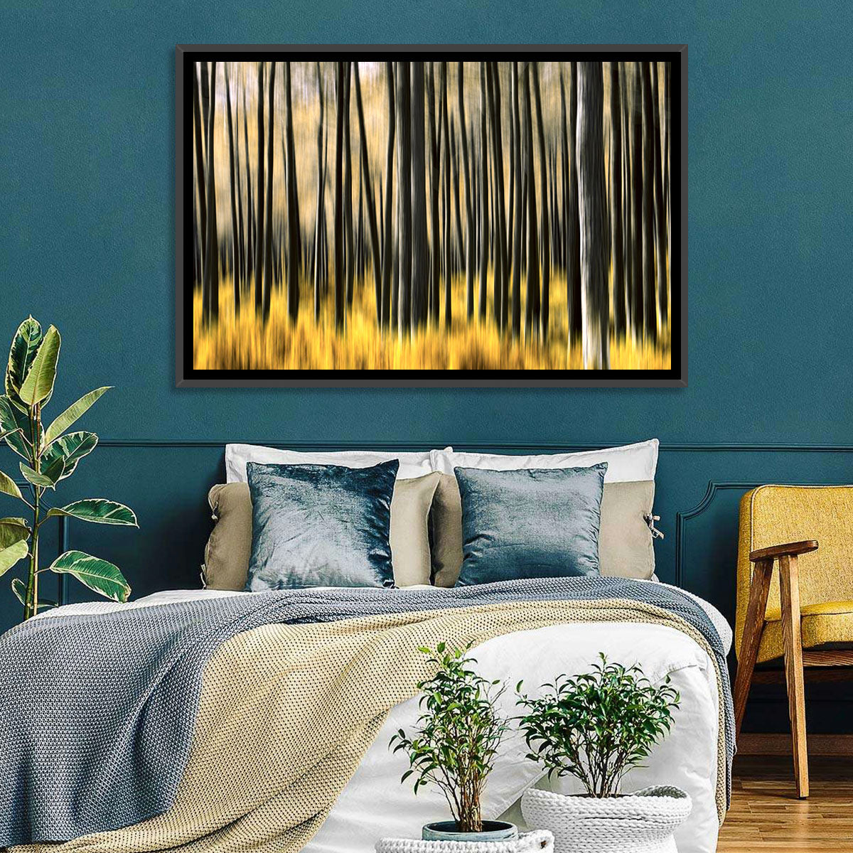 Golden Abstract Forest Wall Art in a room, landscape