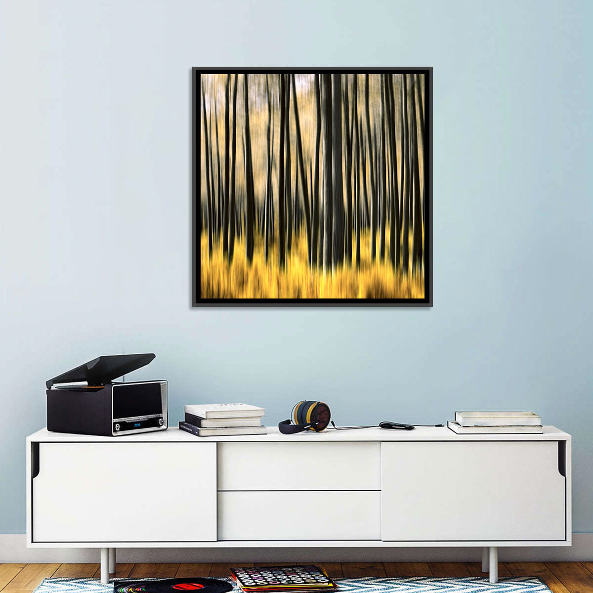 Golden Abstract Forest Wall Art in a room, landscape