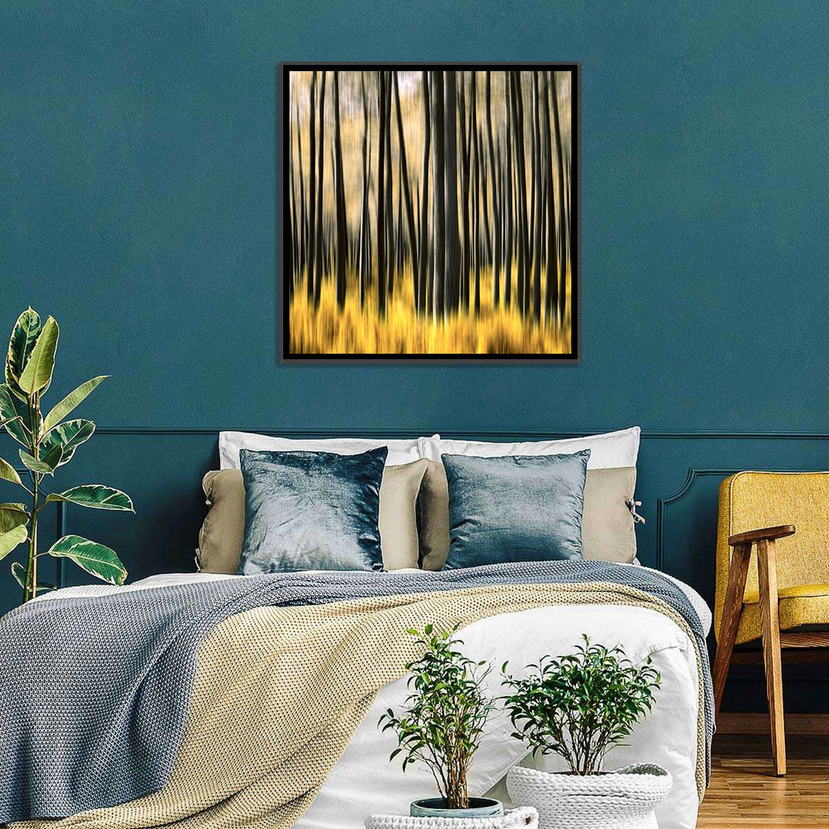Golden Abstract Forest Wall Art in a room, landscape