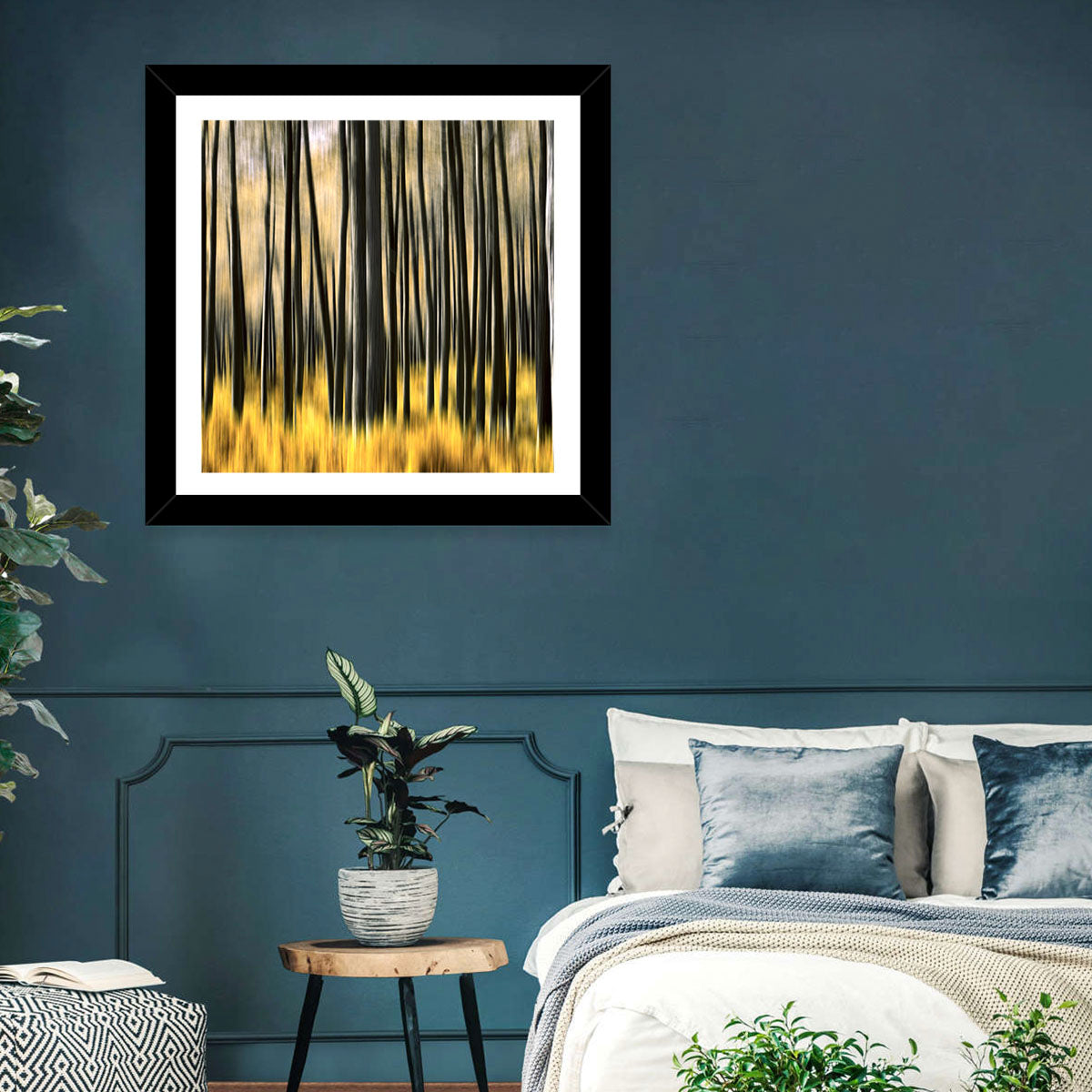Golden Abstract Forest Wall Art in a room, landscape