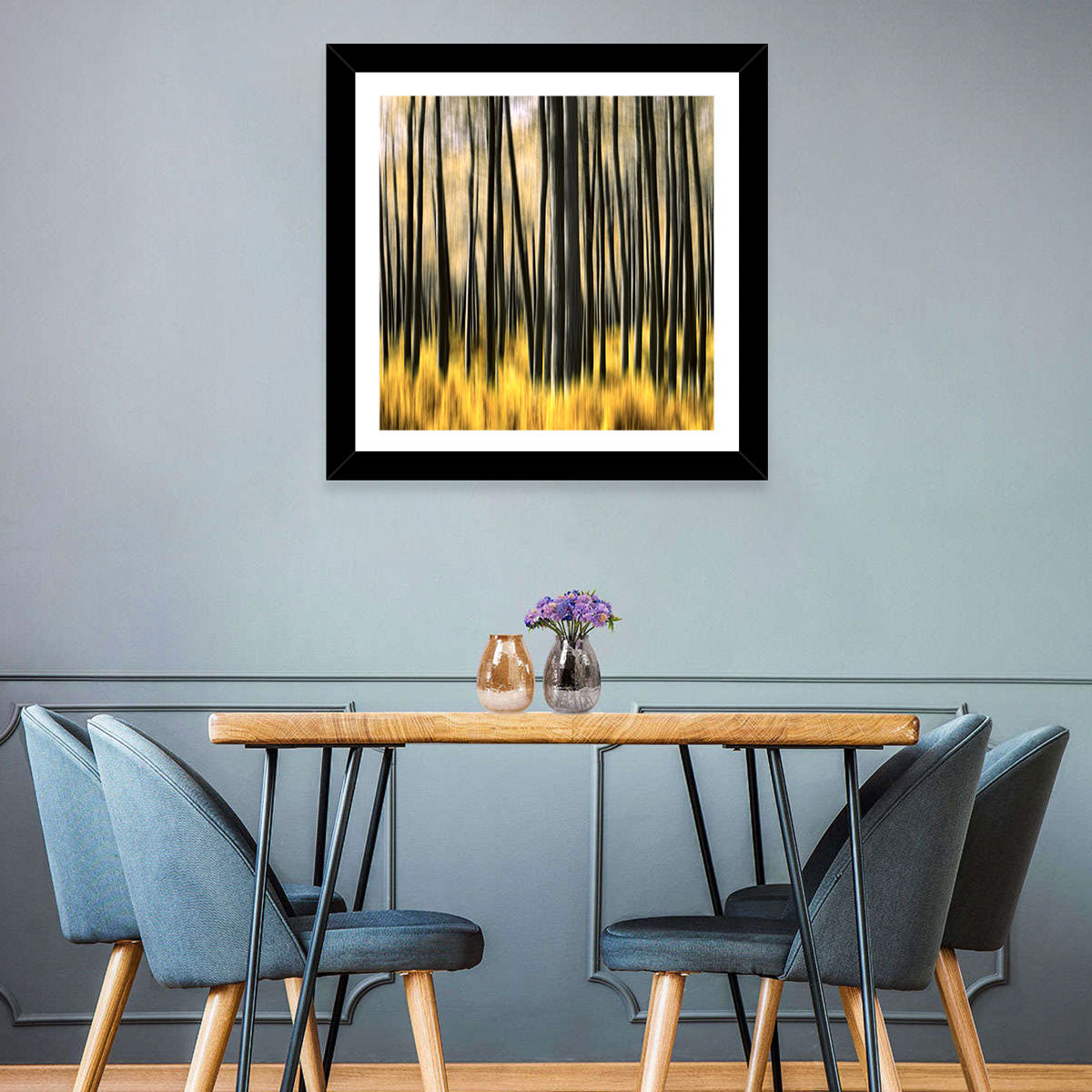 Golden Abstract Forest Wall Art in a room, landscape