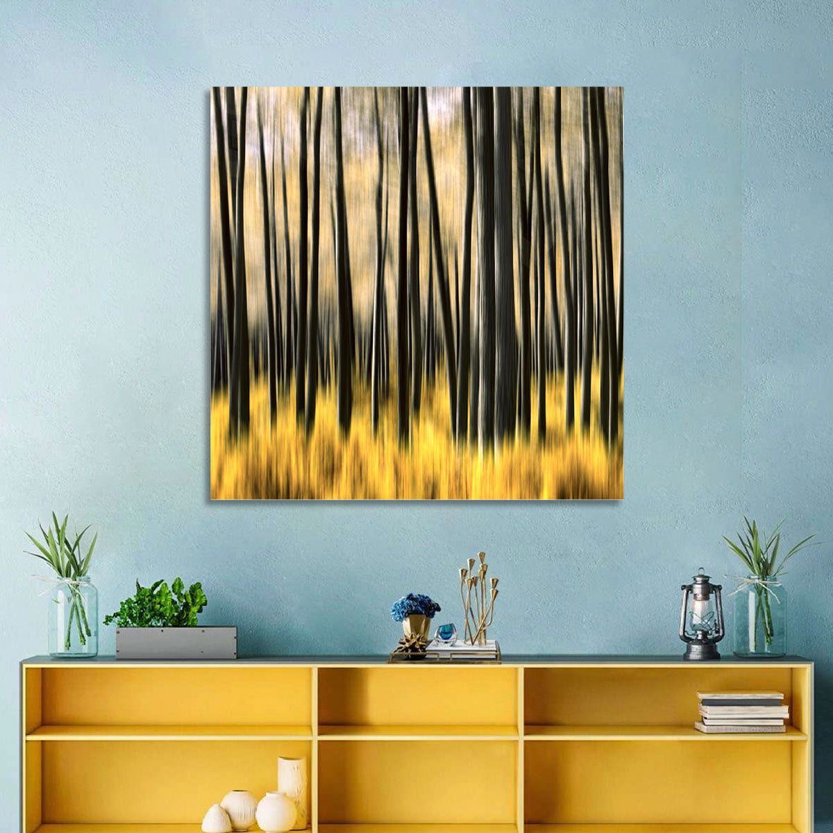 Golden Abstract Forest Wall Art in a room, landscape