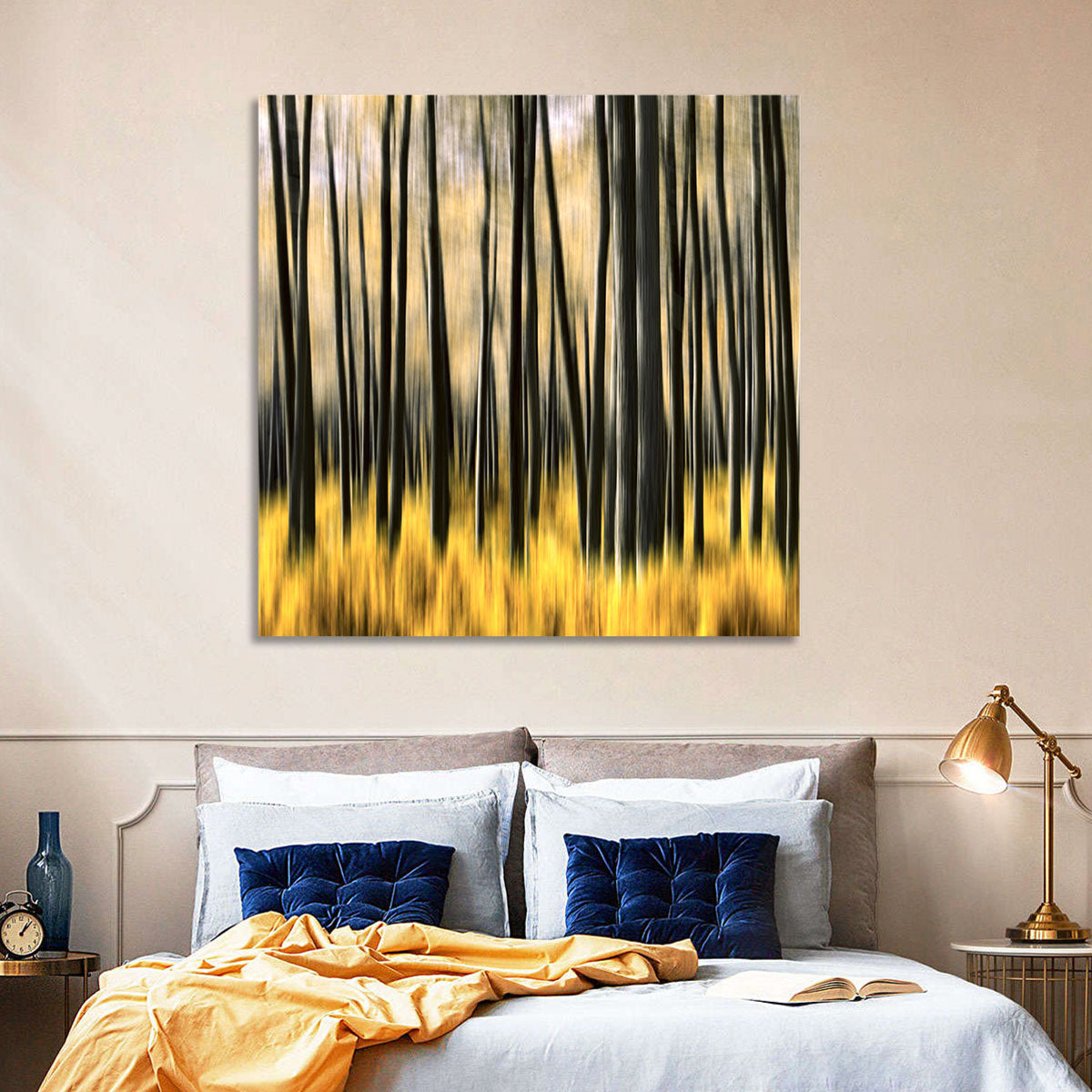 Golden Abstract Forest Wall Art in a room, landscape