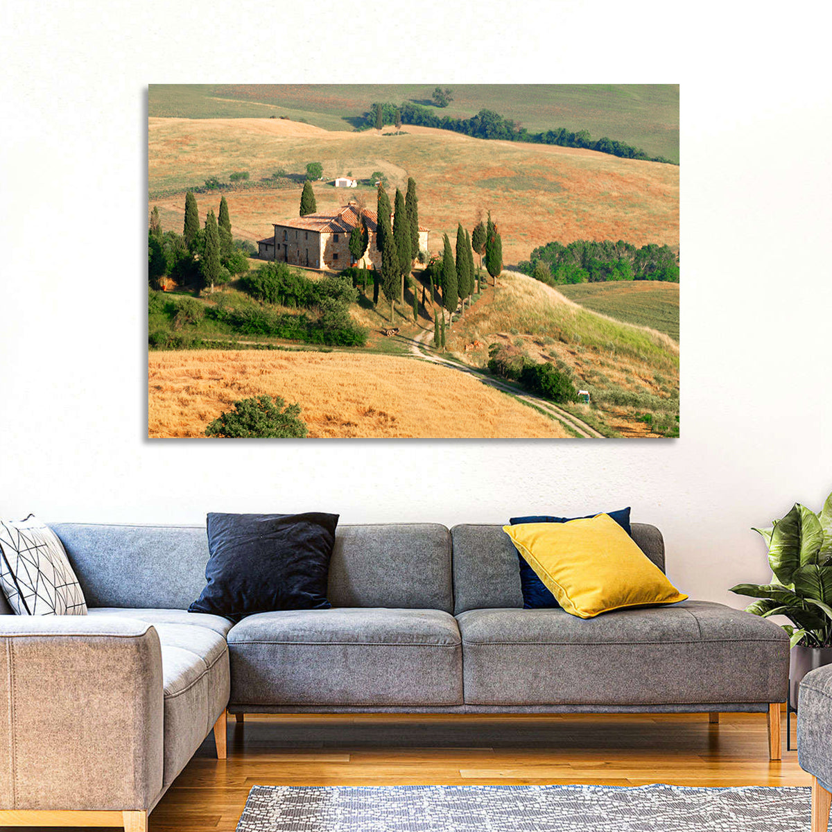 Golden Cypress Hill Villa Wall Art in a room, landscape