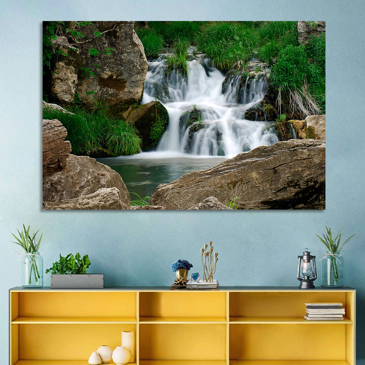 Moss Covered Rocky Waterfall Wall Art