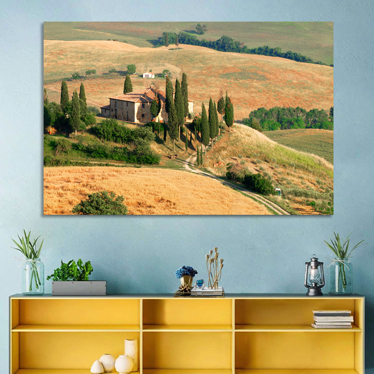 Golden Cypress Hill Villa Wall Art in a room, landscape