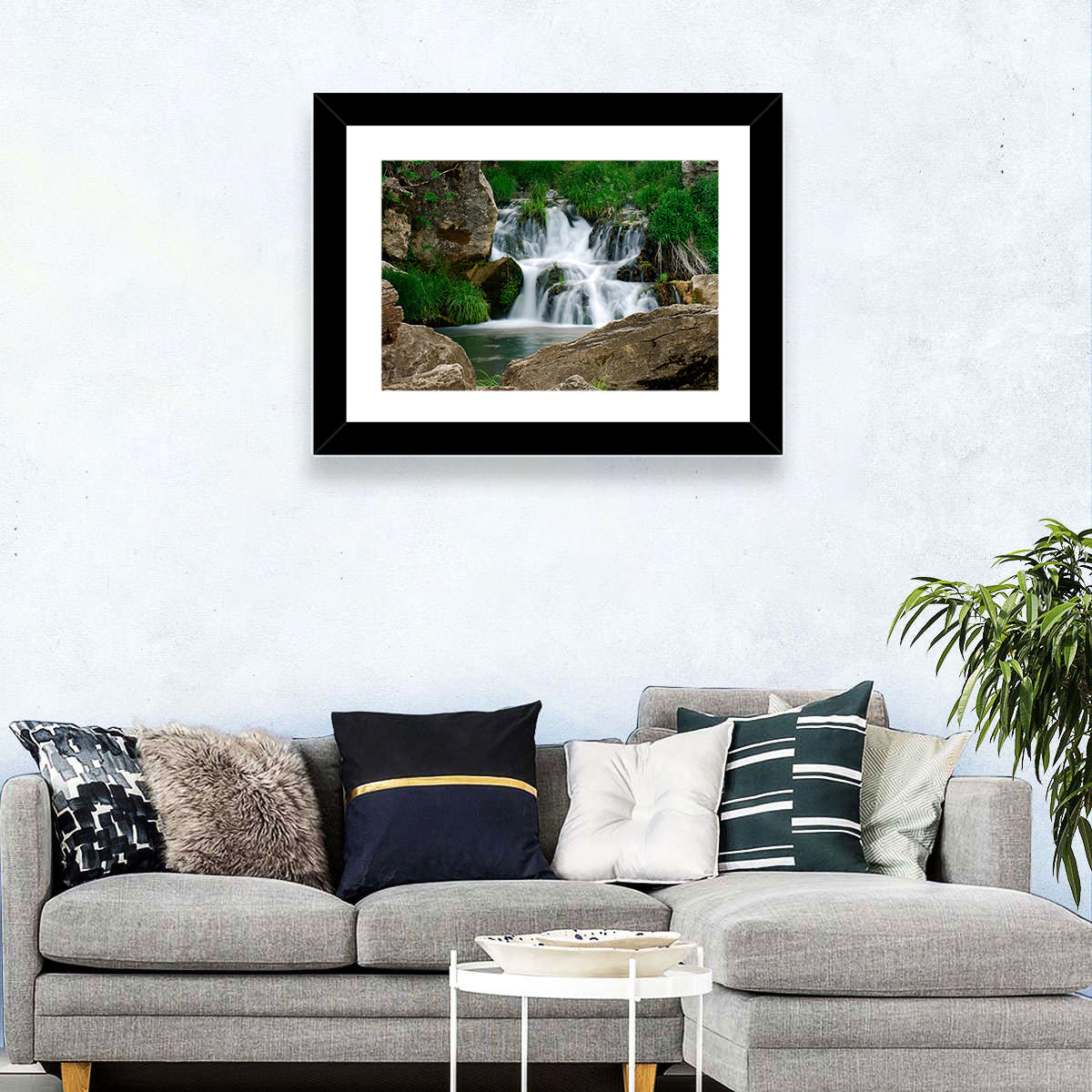 Moss Covered Rocky Waterfall Wall Art in a room, landscape