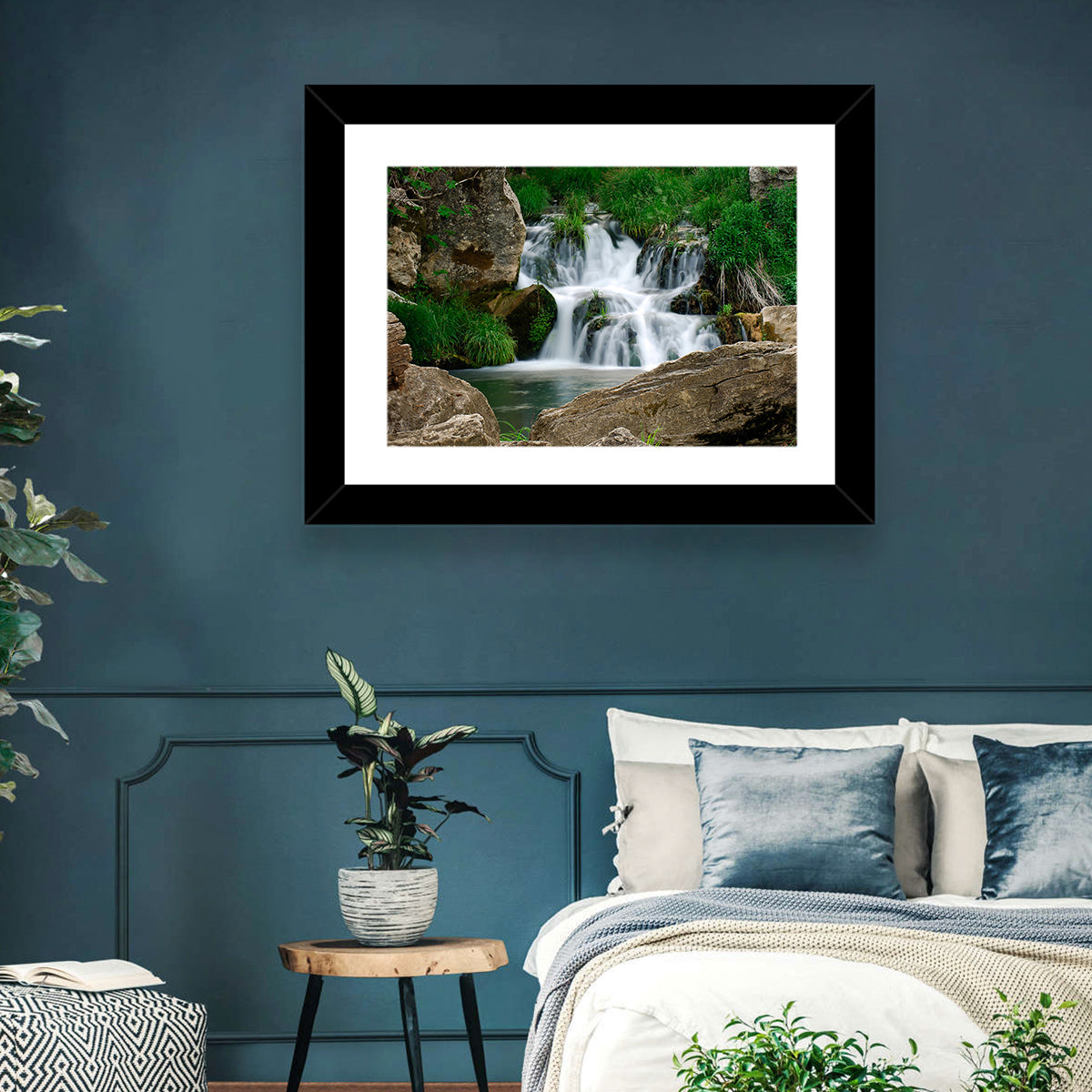 Moss Covered Rocky Waterfall Wall Art in a room, landscape