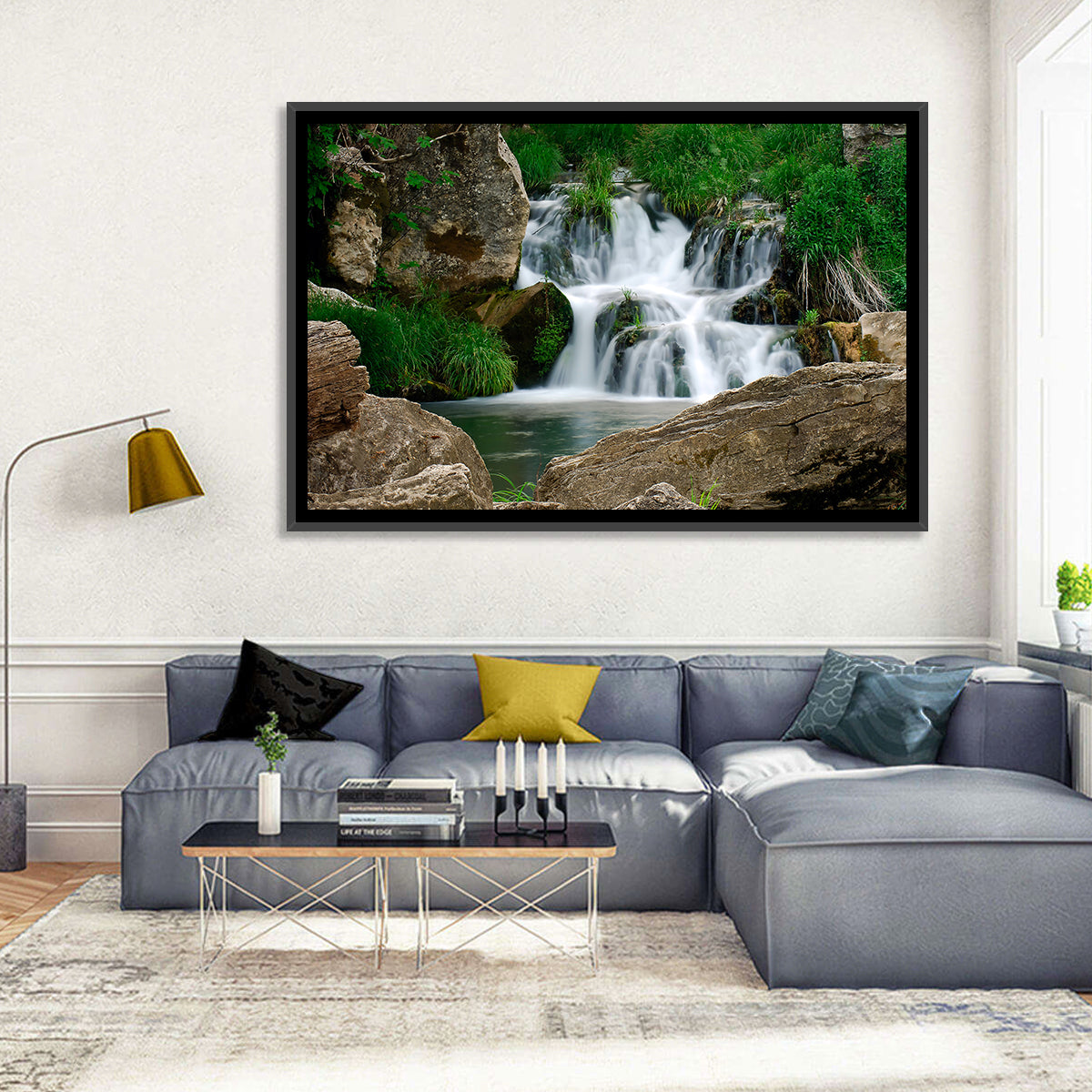Moss Covered Rocky Waterfall Wall Art in a room, landscape