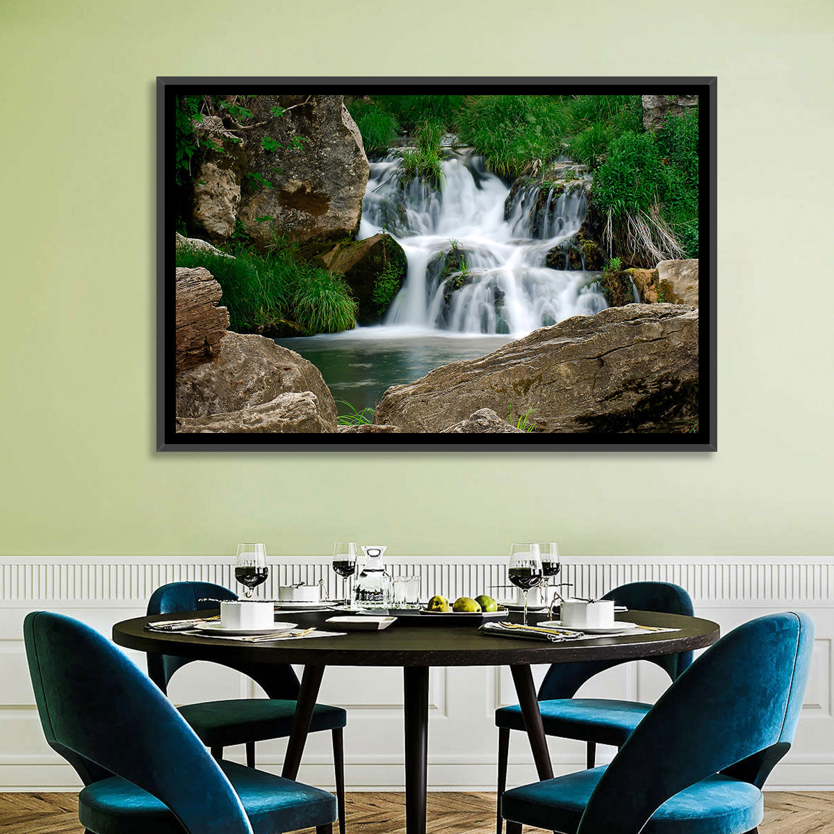 Moss Covered Rocky Waterfall Wall Art in a room, landscape