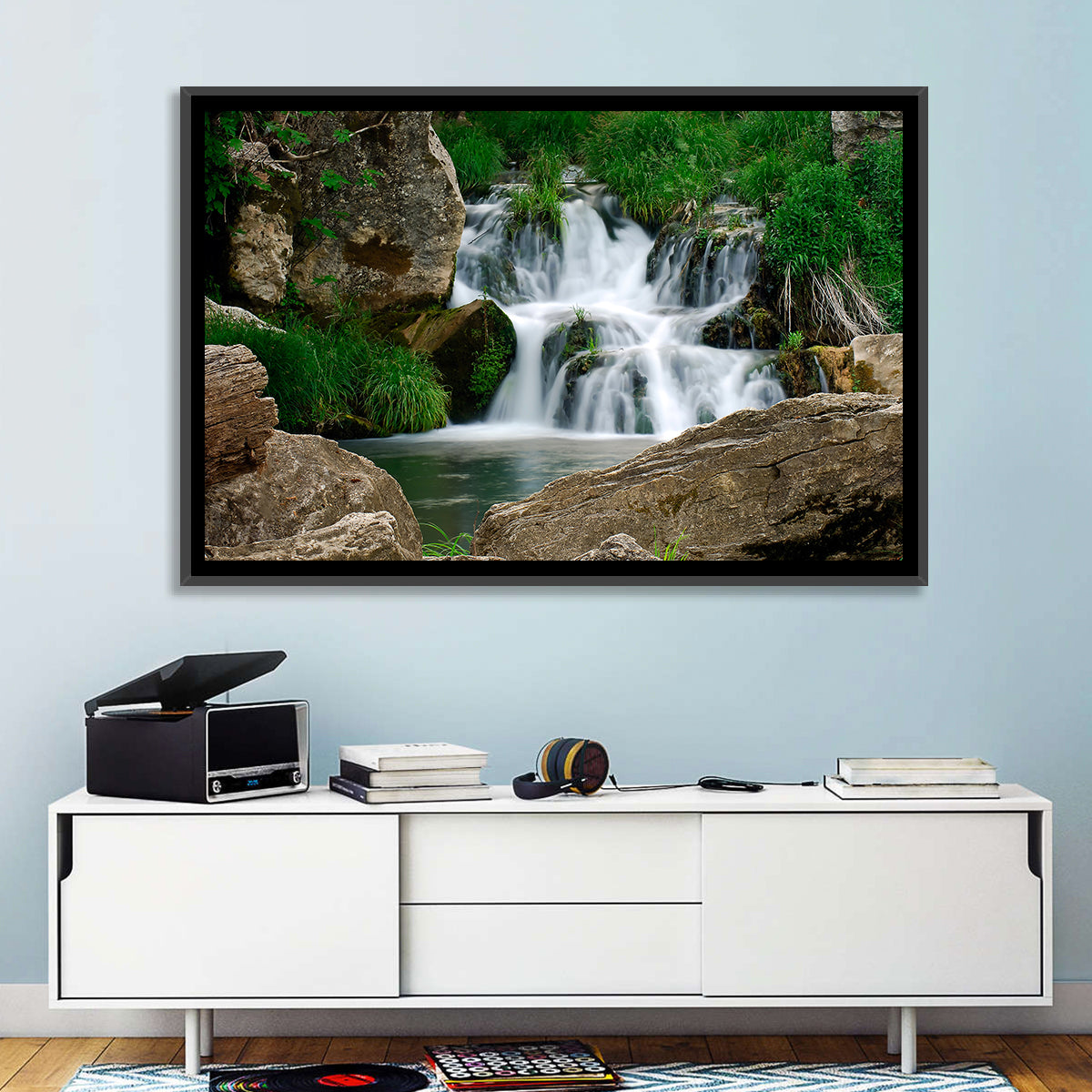 Moss Covered Rocky Waterfall Wall Art