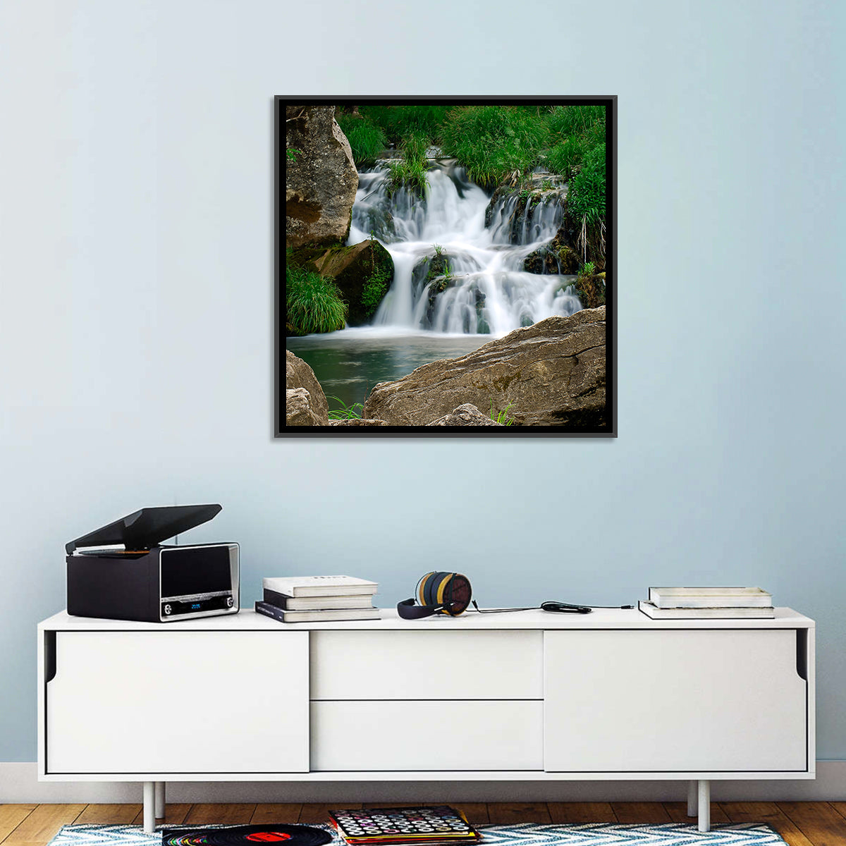 Moss Covered Rocky Waterfall Wall Art in a room, landscape