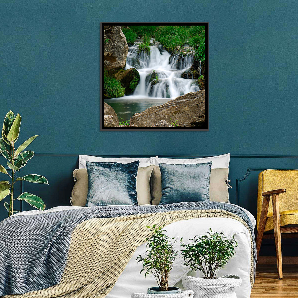 Moss Covered Rocky Waterfall Wall Art in a room, landscape