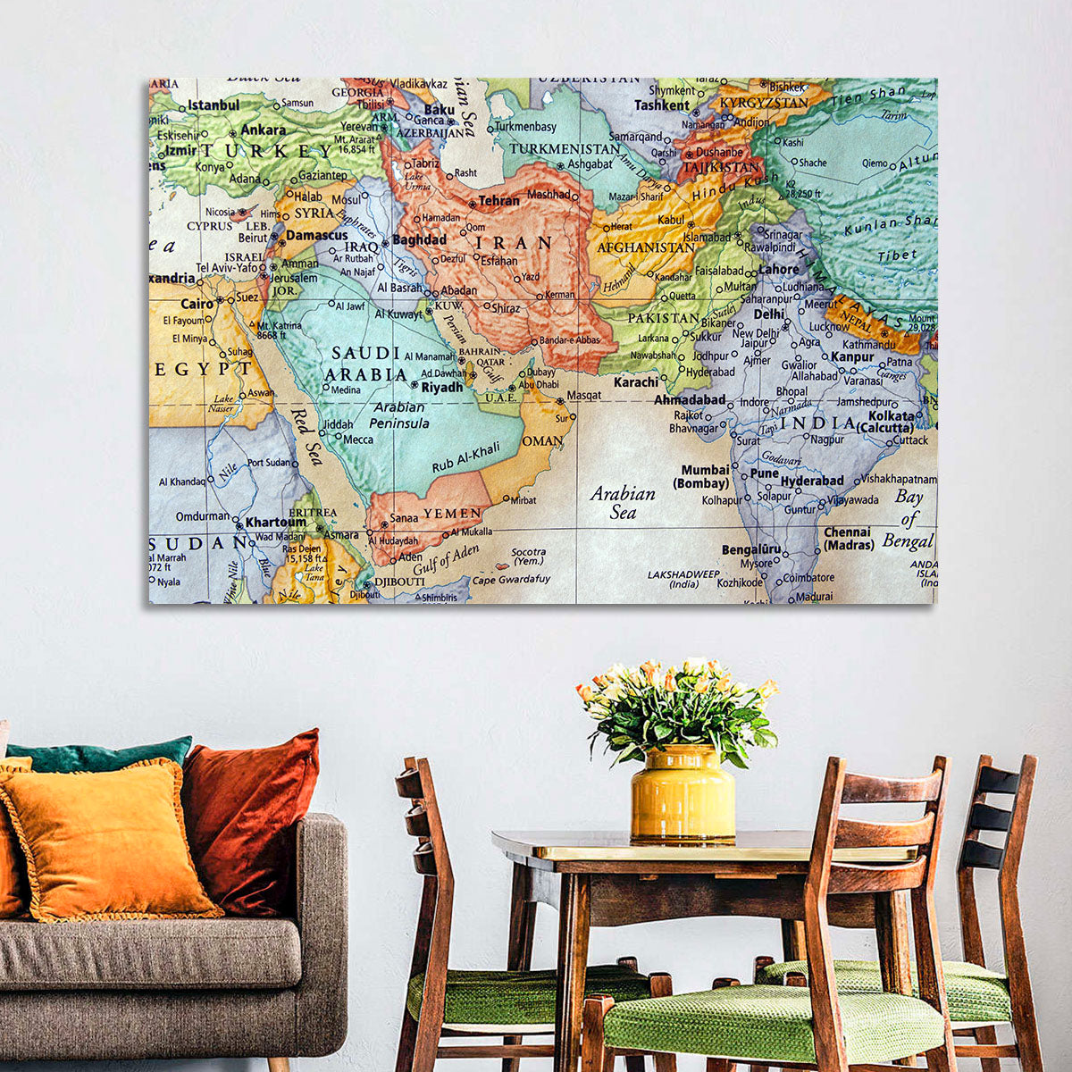 Middle East Political Map Wall Art in a room, landscape