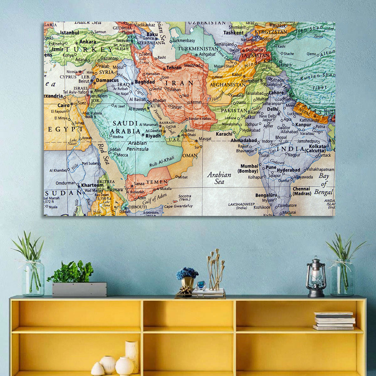 Middle East Political Map Wall Art in a room, landscape