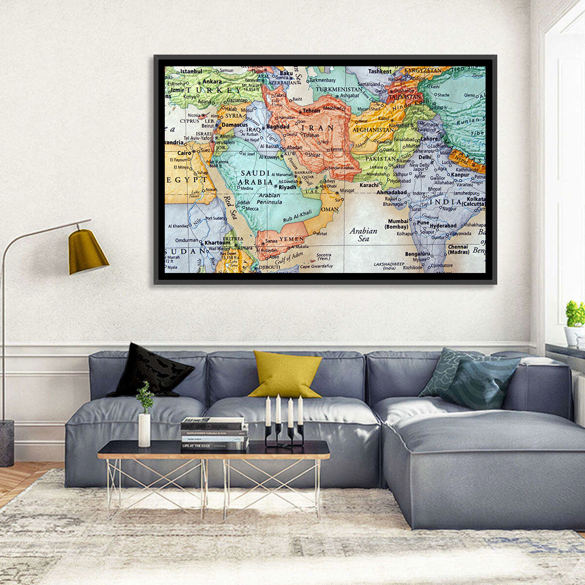 Middle East Political Map Wall Art in a room, landscape