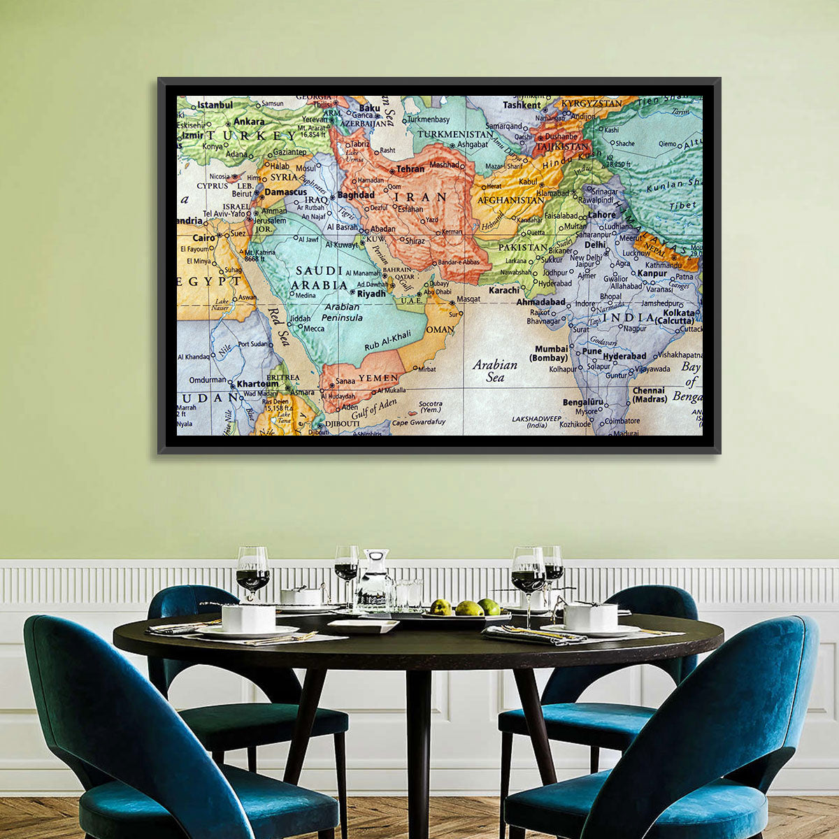 Middle East Political Map Wall Art in a room, landscape