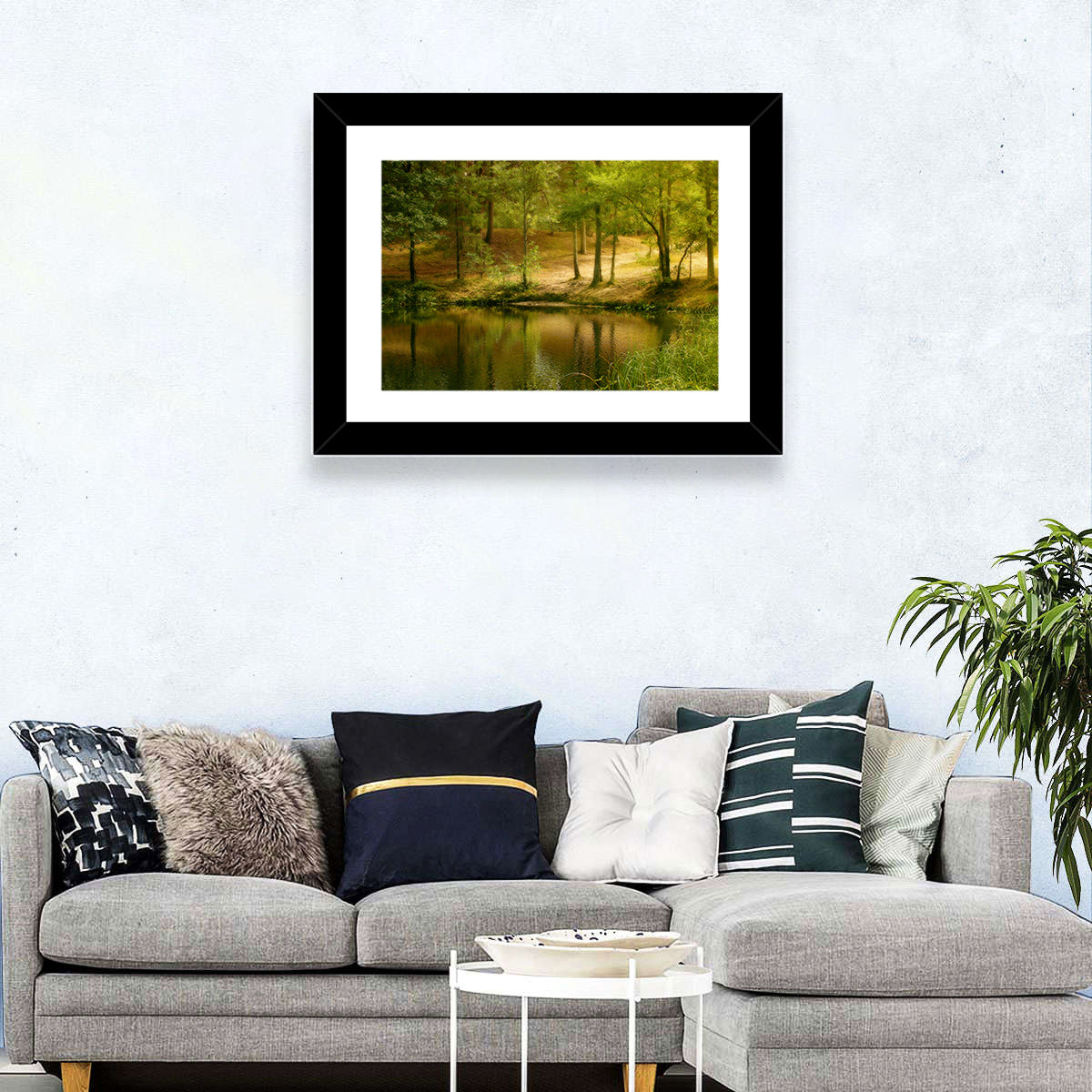 Forest Pond at Golden Hour Wall Art in a room, landscape