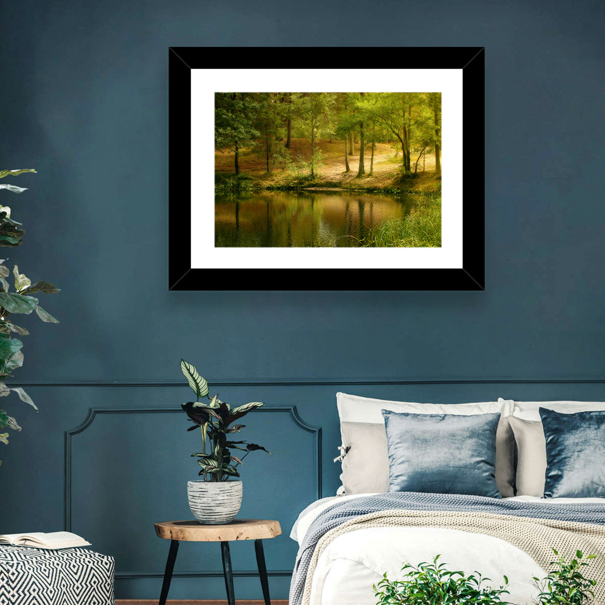 Forest Pond at Golden Hour Wall Art in a room, landscape