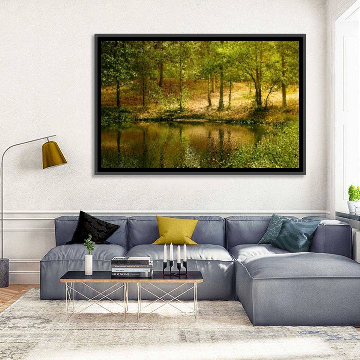 Forest Pond at Golden Hour Wall Art in a room, landscape