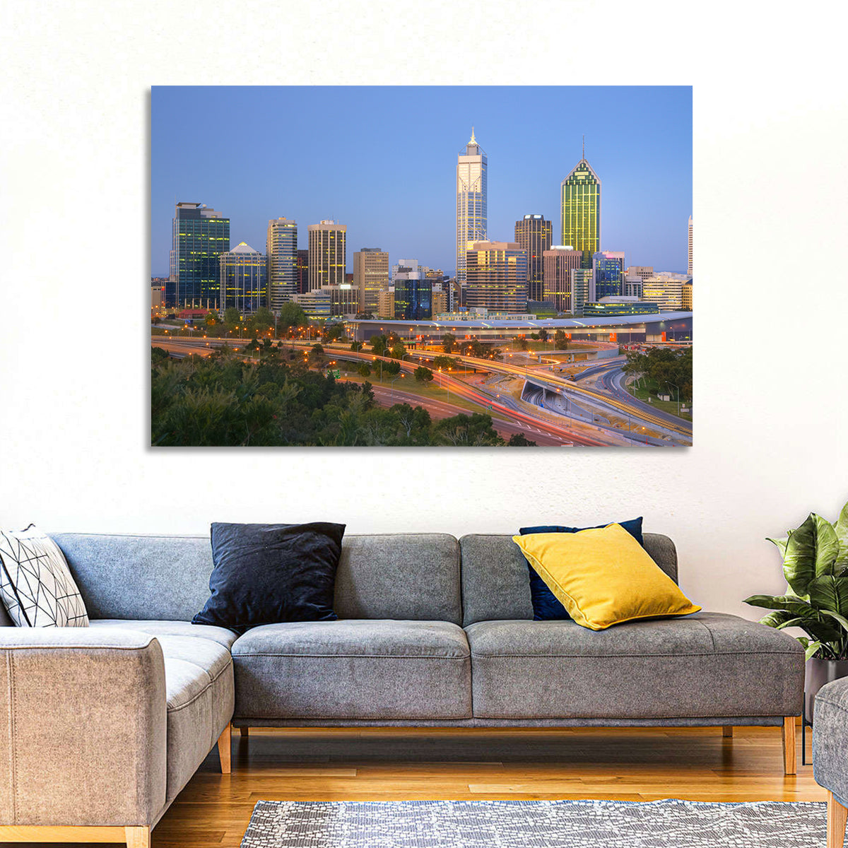 Perth Skyline at Dusk Wall Art in a room, landscape