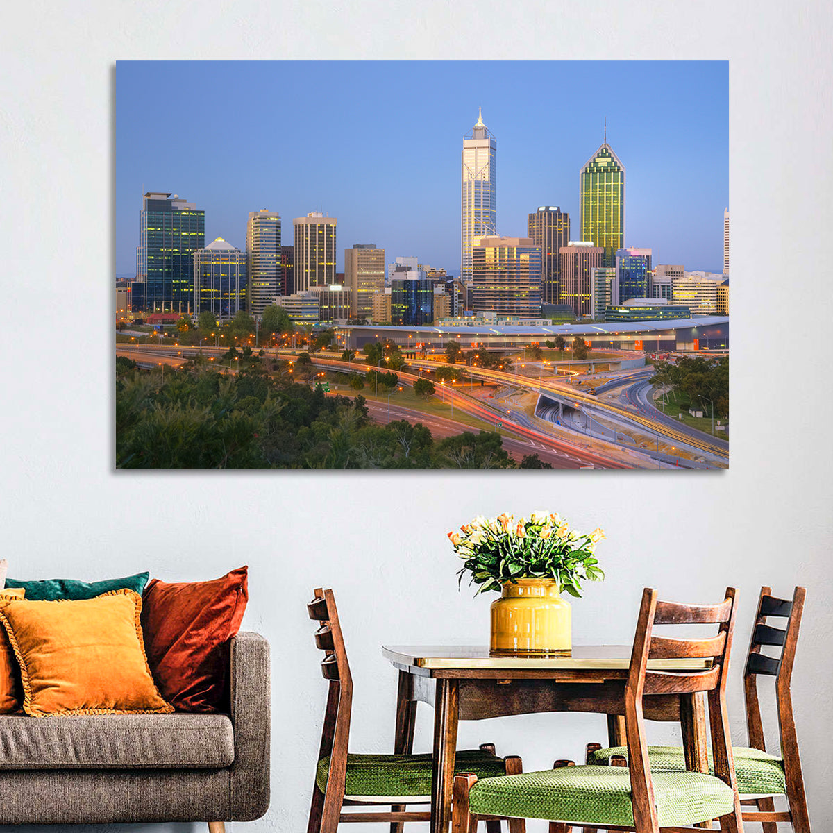 Perth Skyline at Dusk Wall Art in a room, landscape