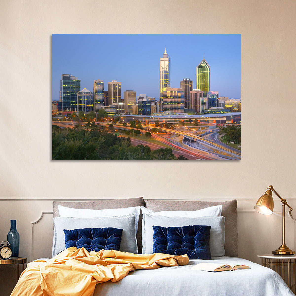 Perth Skyline at Dusk Wall Art in a room, landscape