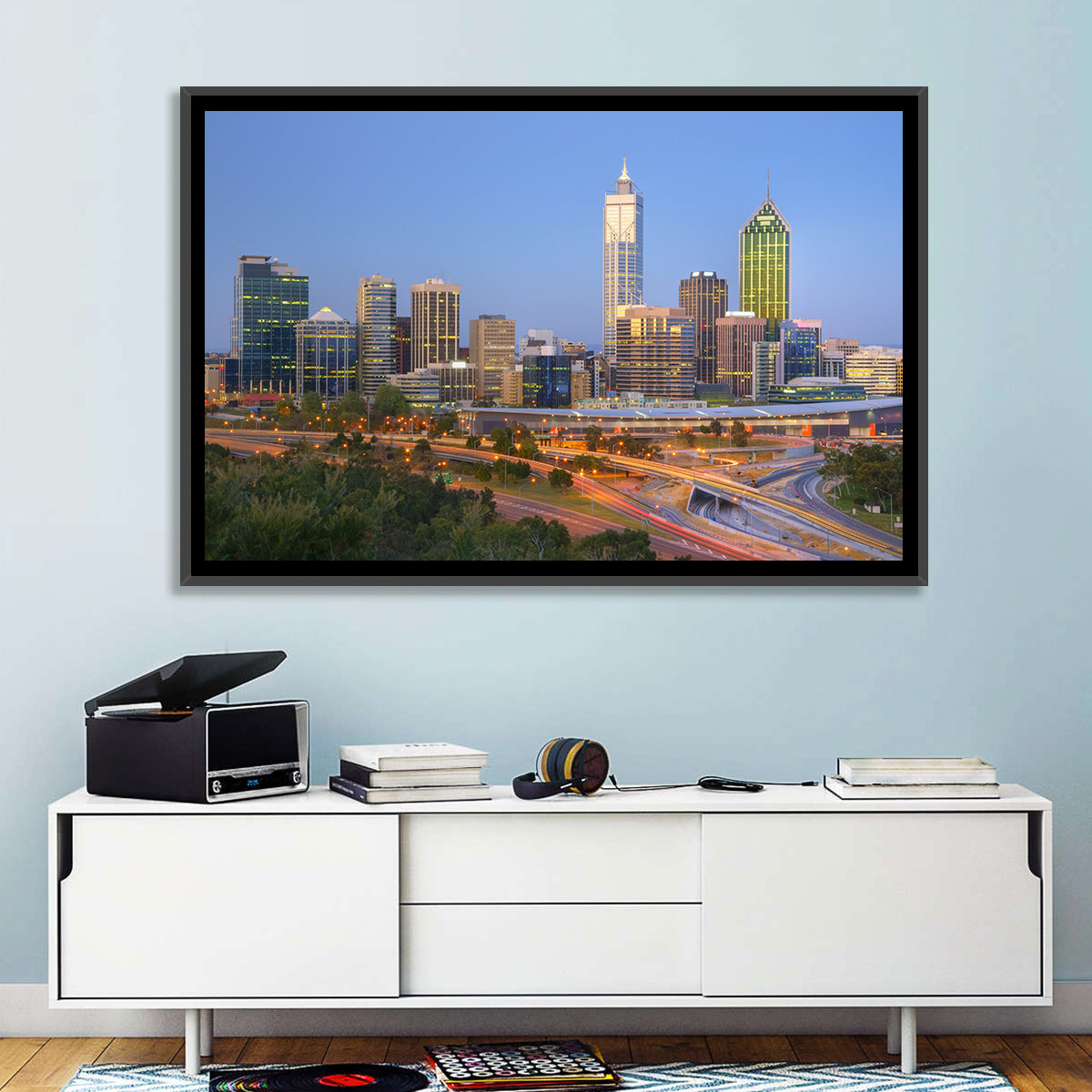 Perth Skyline at Dusk Wall Art in a room, landscape