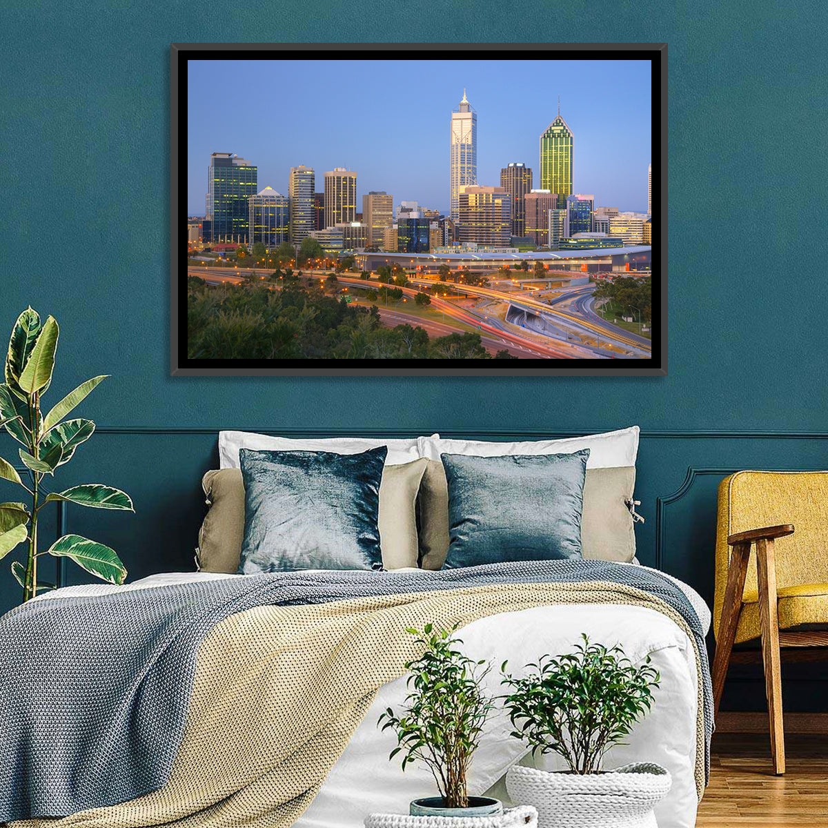 Perth Skyline at Dusk Wall Art in a room, landscape