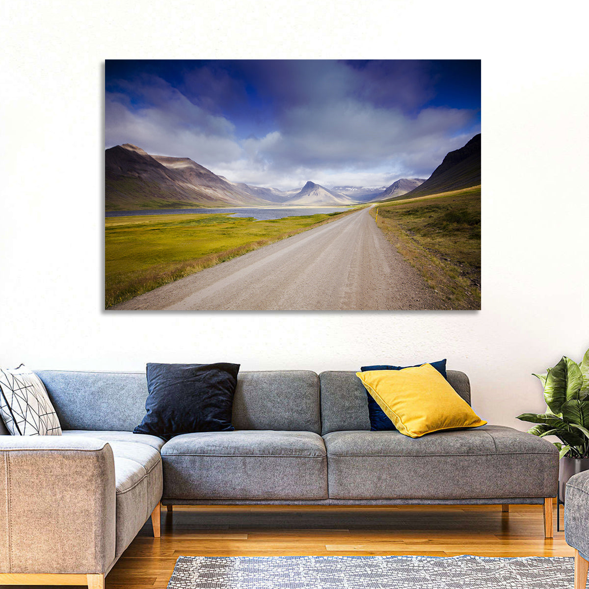 Iceland Gravel Road Landscape Wall Art in a room, landscape