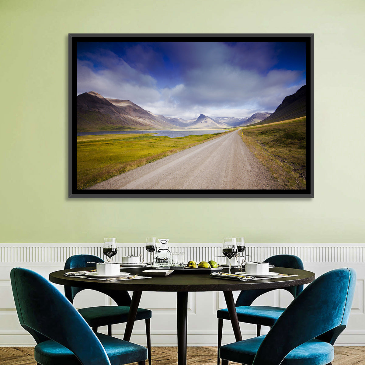 Iceland Gravel Road Landscape Wall Art in a room, landscape