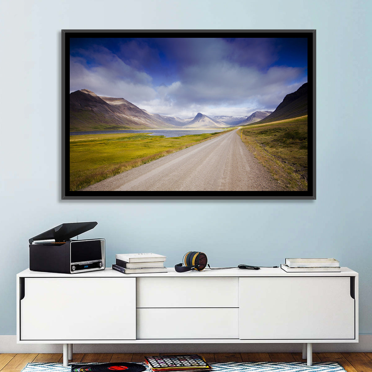 Iceland Gravel Road Landscape Wall Art in a room, landscape
