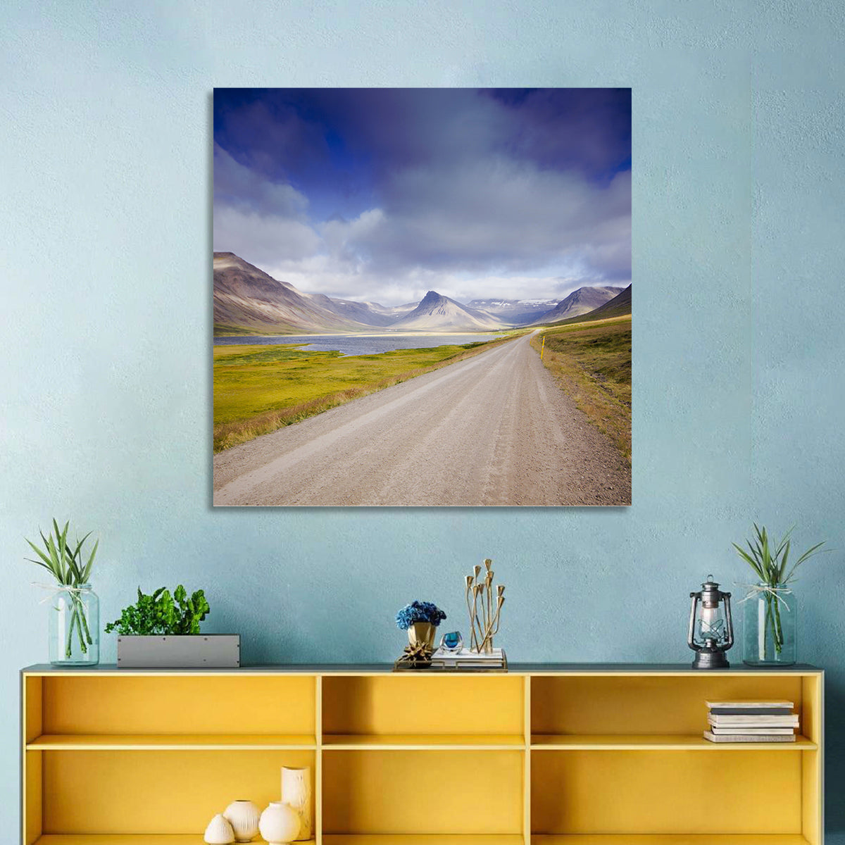 Iceland Gravel Road Landscape Wall Art in a room, landscape