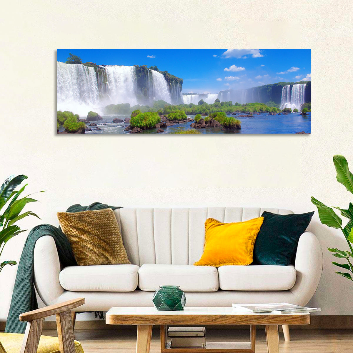 Iguazu Falls Daylight View Wall Art in a room, panoramic