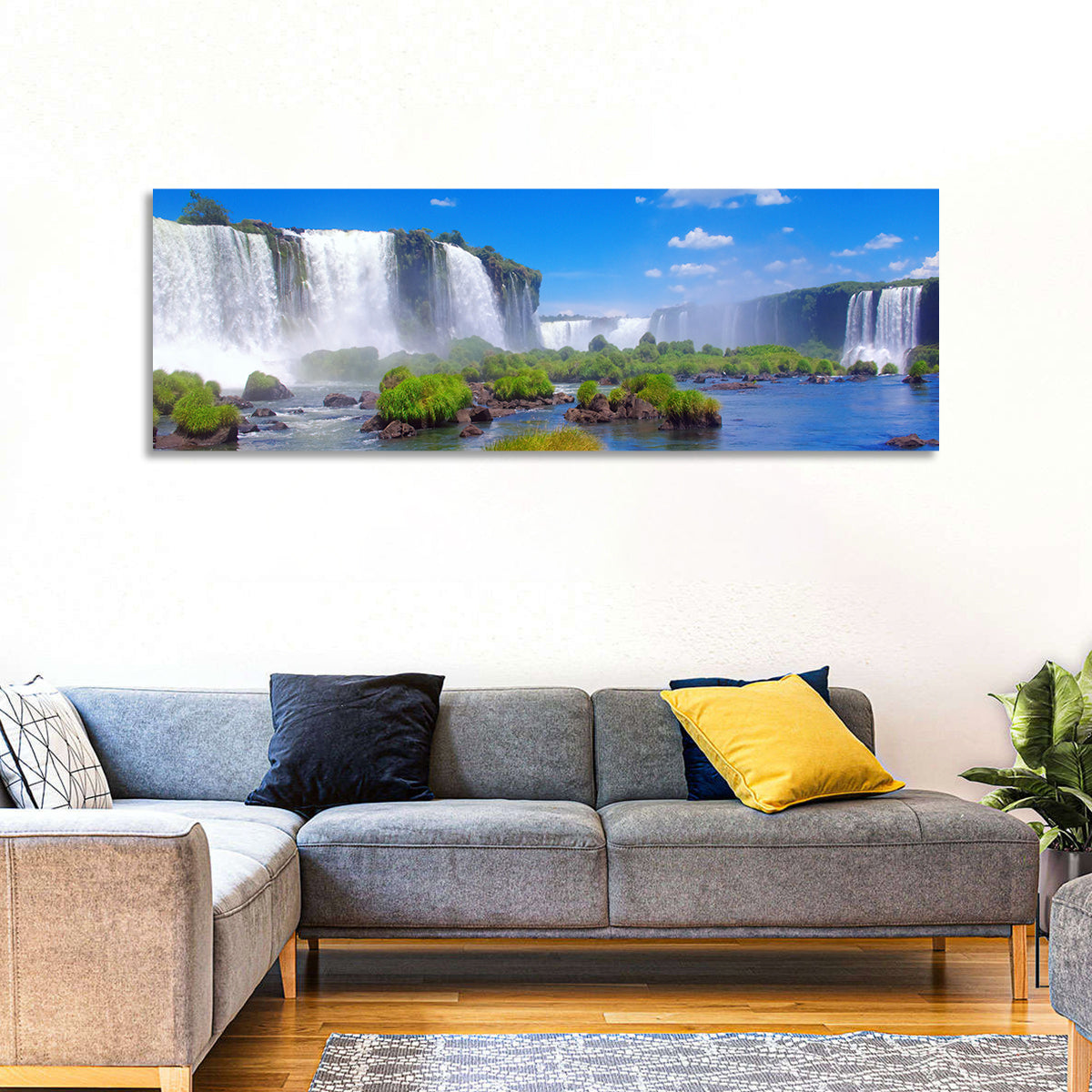 Iguazu Falls Daylight View Wall Art in a room, panoramic